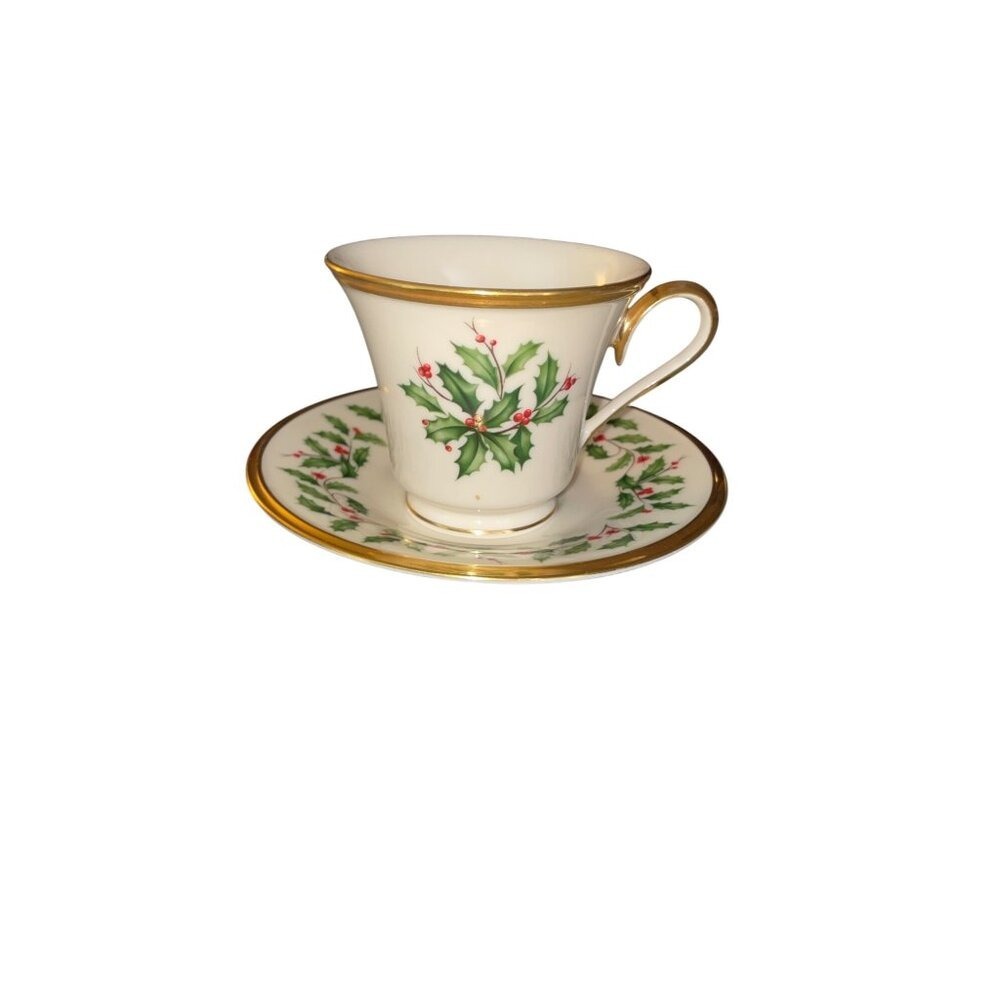 Lenox Holiday China Tea Cup &‎ Saucer Set Holly & Berry Design Gold Trim